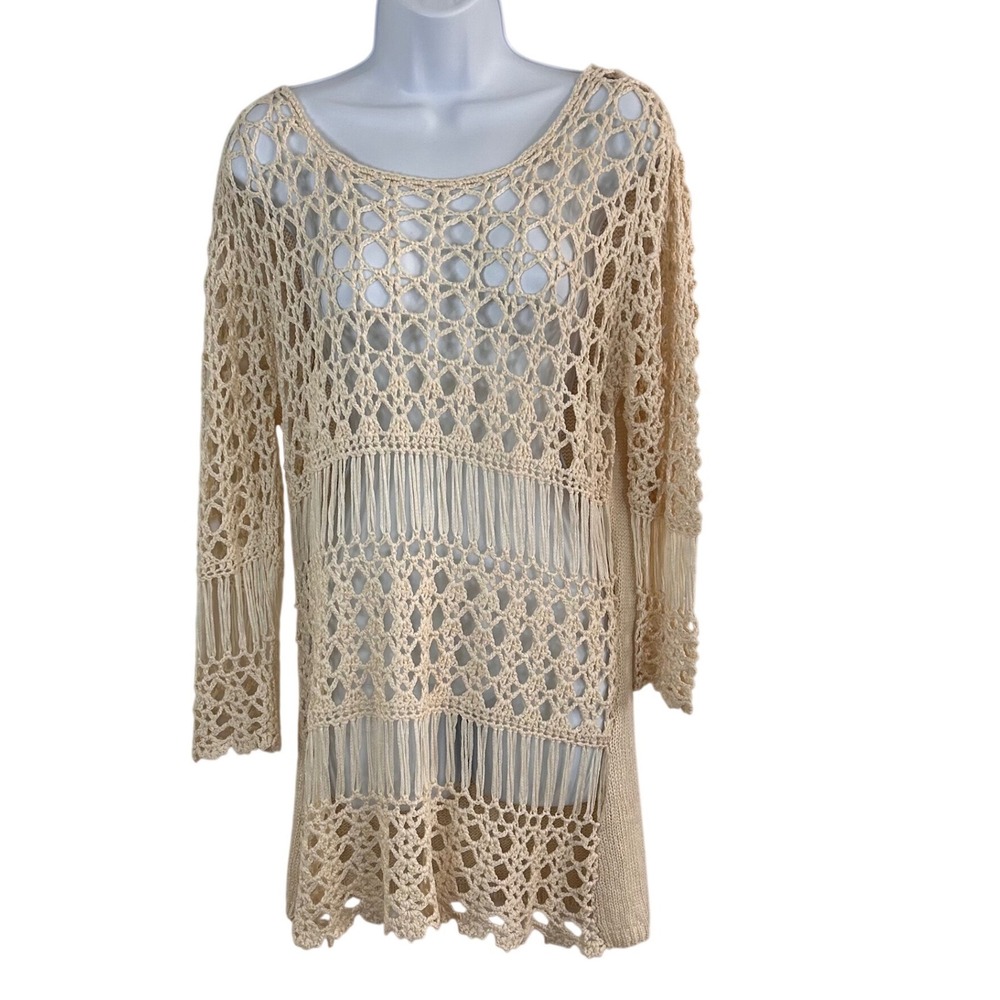NWT Le Moda Ivory Open Weave Crochet Fringe Sweater Tunic Womens Medium